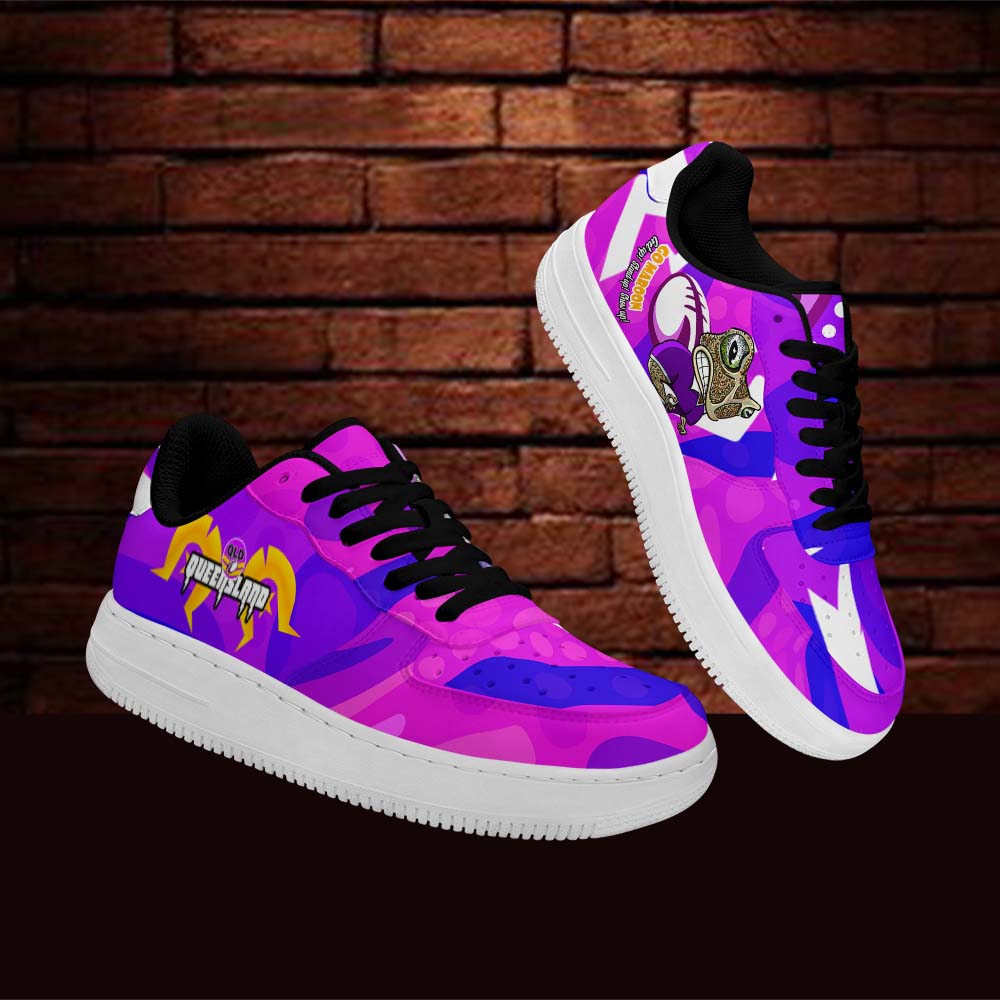 queensland-rugby-league-low-top-sneakers-f1-queensland-maroons-mascot-with-aboriginal-art-state-of-origin-sneakers