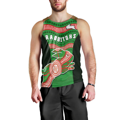 custom-text-and-number-rabbitohs-rugby-men-tank-top-souths-1908-aboriginal-dot-painting-go-bunnies