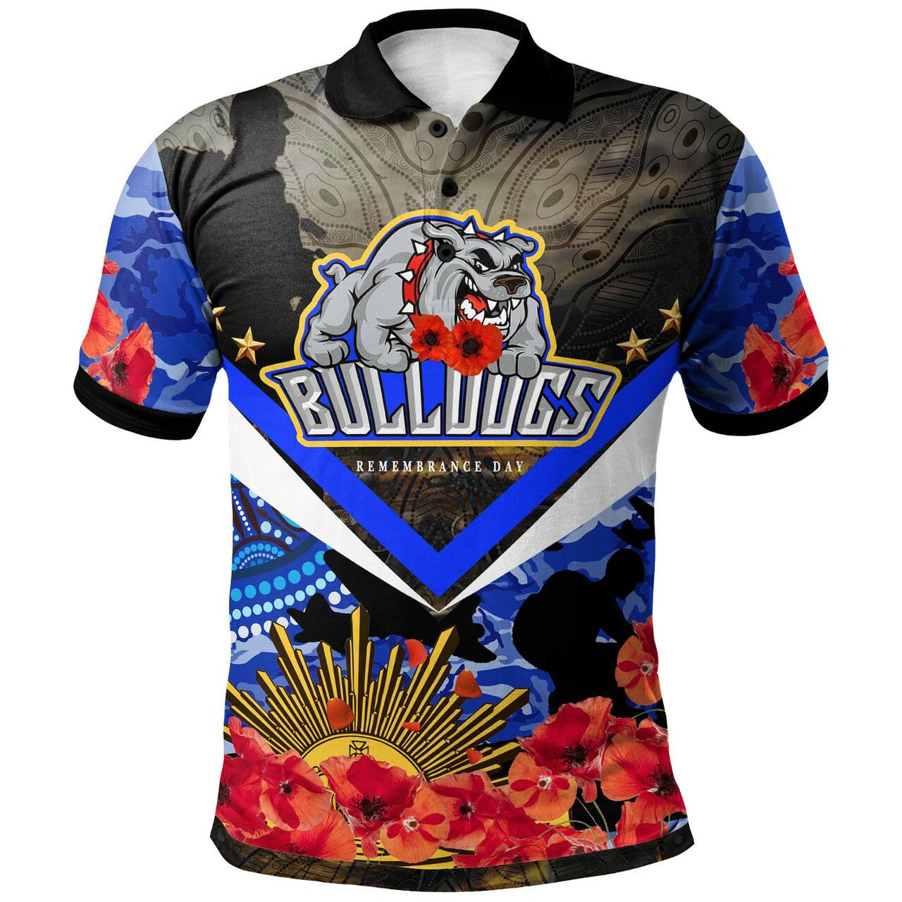 bulldogs-rugby-polo-shirt-custom-anzac-bulldogs-with-remembrance-poppy-aboriginal-polo-shirt