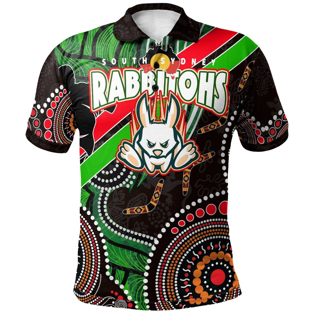 rabbitohs-rugby-polo-shirt-custom-rabbitohs-aboriginal-dreaming-patterns-australia-culture-polo-shirt