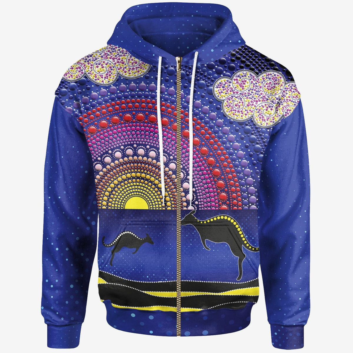 aboriginal-zip-up-hoodie-sunset-over-the-sea-and-kangaroo-dot-painting