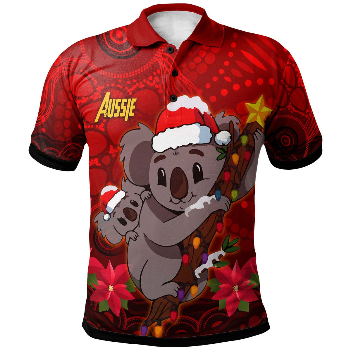 aboriginal-christmas-polo-shirt-custom-aussie-koala-christmas-poinsettia-with-aboriginal-inspired-polo-shirt