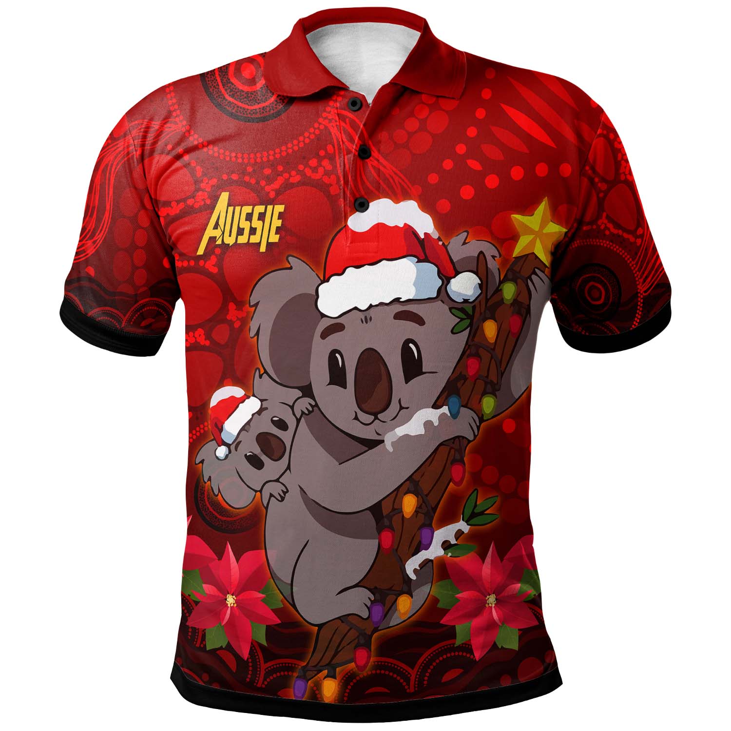 aboriginal-christmas-polo-shirt-custom-aussie-koala-christmas-poinsettia-with-aboriginal-inspired-polo-shirt