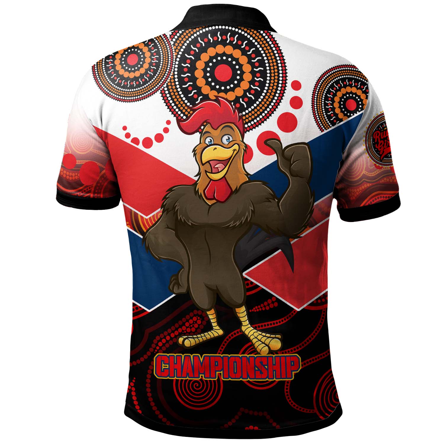 nrlw-roosters-rugby-polo-shirt-custom-womens-rugby-league-with-aboriginal-dot-painting-style-player-and-number-polo-shirt