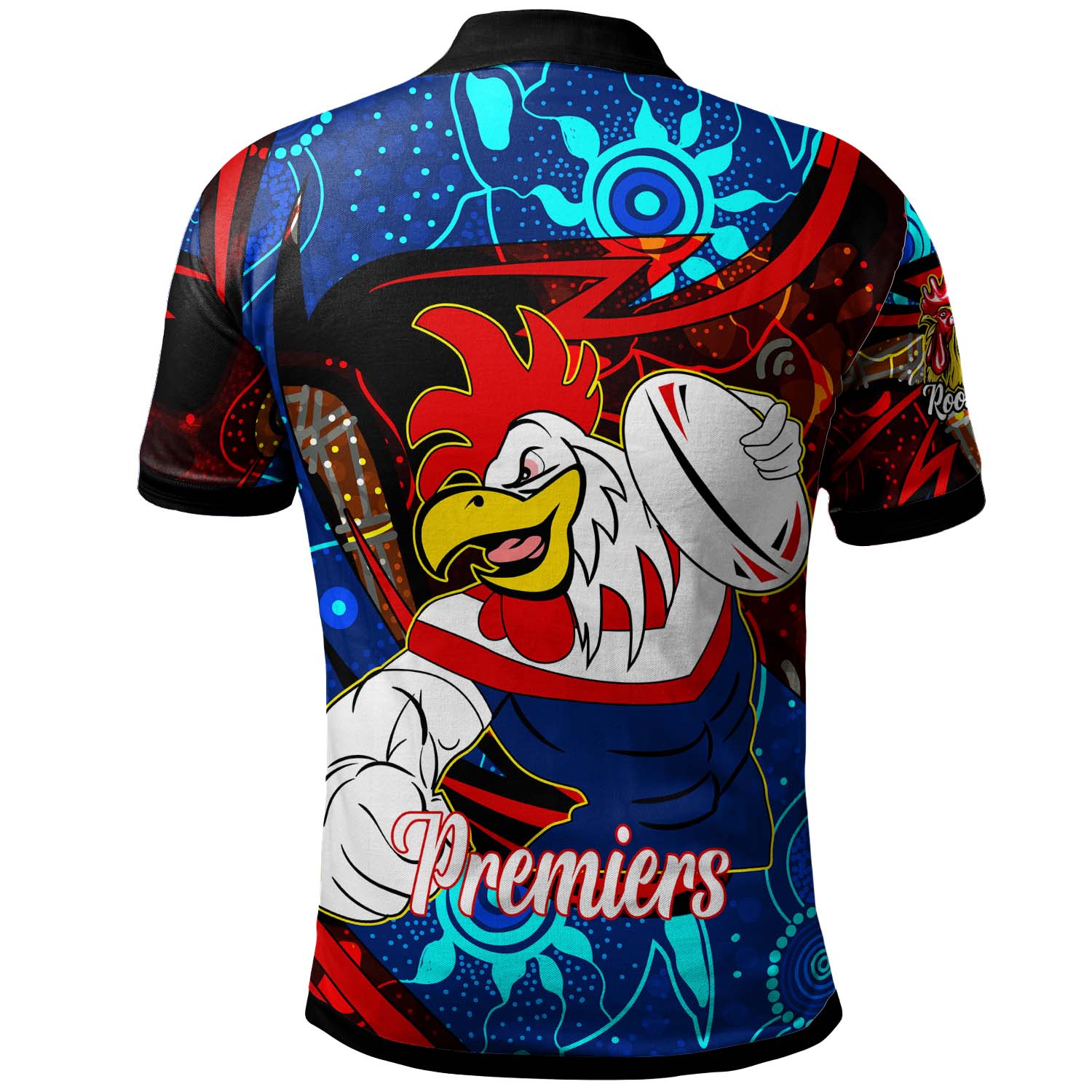 roosters-rugby-polo-shirt-custom-roosters-mascot-with-rugby-aboriginal-dot-painting-player-and-number-polo-shirt