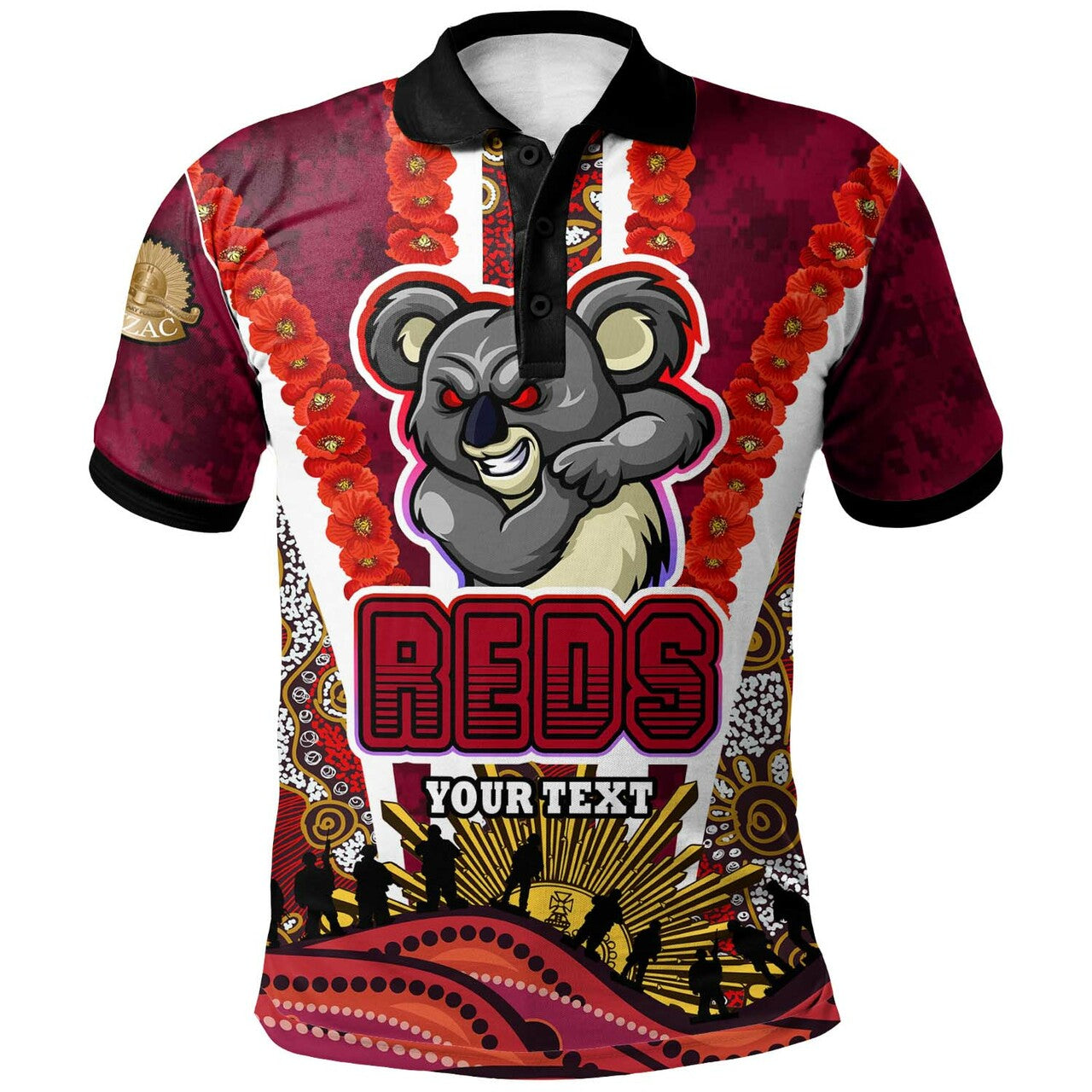 reds-rugby-polo-shirt-custom-anzac-day-queensland-reds-aboriginal-poppy-with-koala-polo-shirt