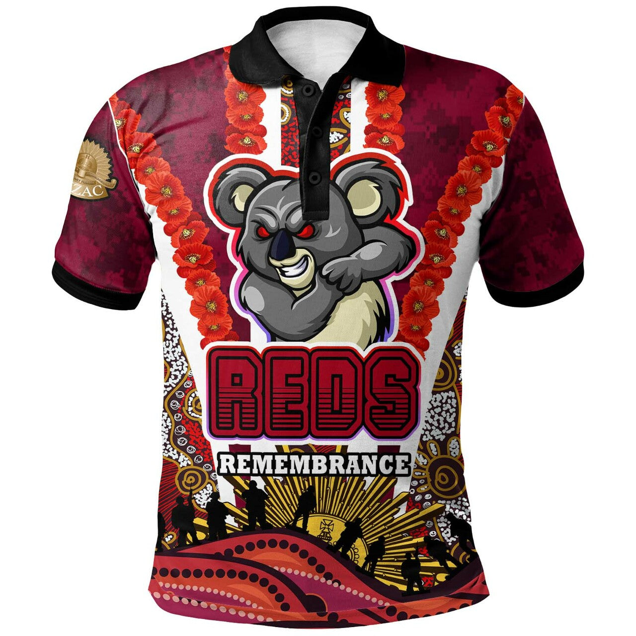 reds-rugby-polo-shirt-custom-anzac-day-queensland-reds-aboriginal-poppy-with-koala-polo-shirt