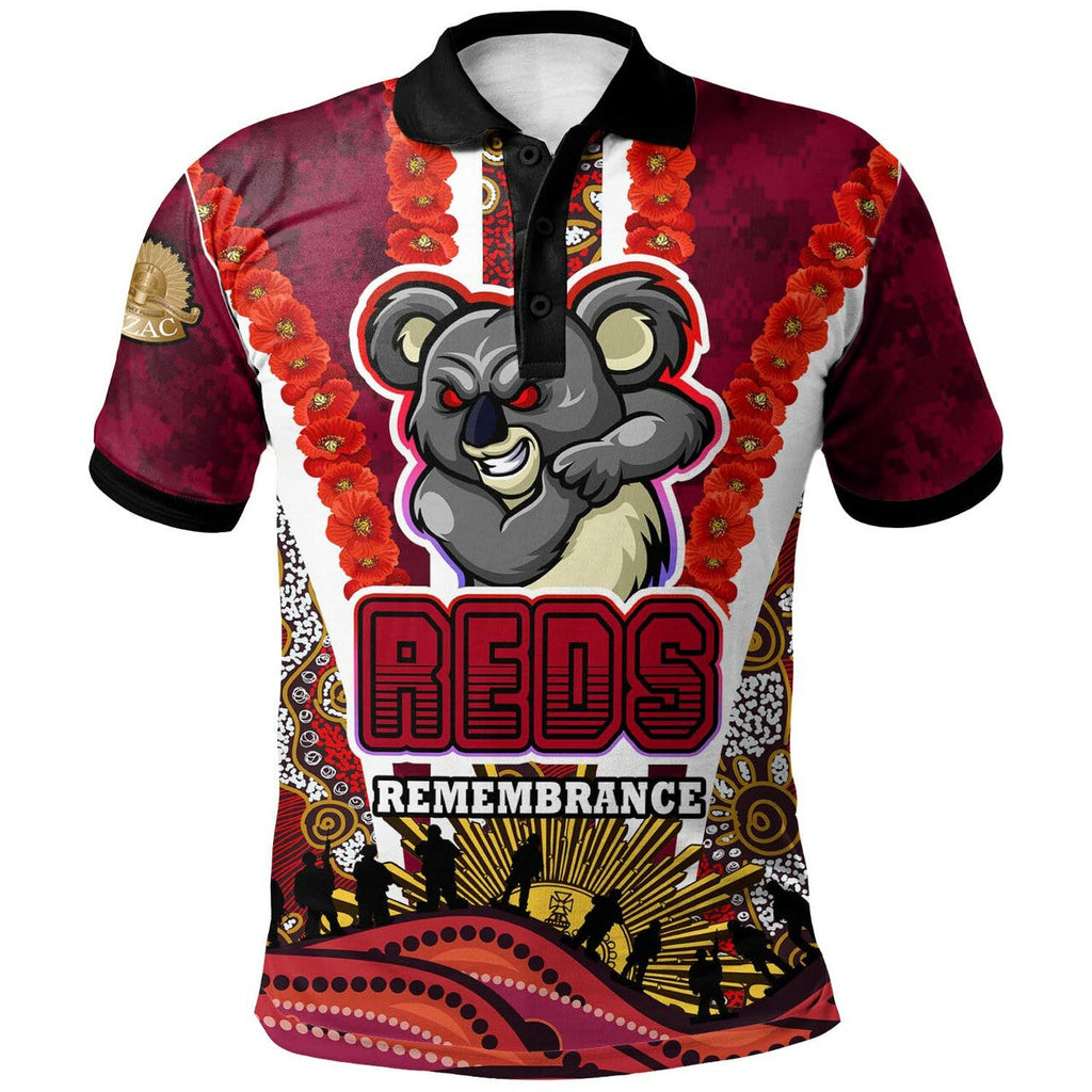 reds-rugby-polo-shirt-custom-anzac-day-queensland-reds-aboriginal-poppy-with-koala-polo-shirt