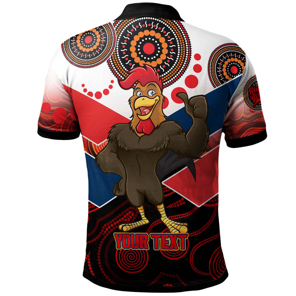 nrlw-roosters-rugby-polo-shirt-custom-womens-rugby-league-with-aboriginal-dot-painting-style-player-and-number-polo-shirt