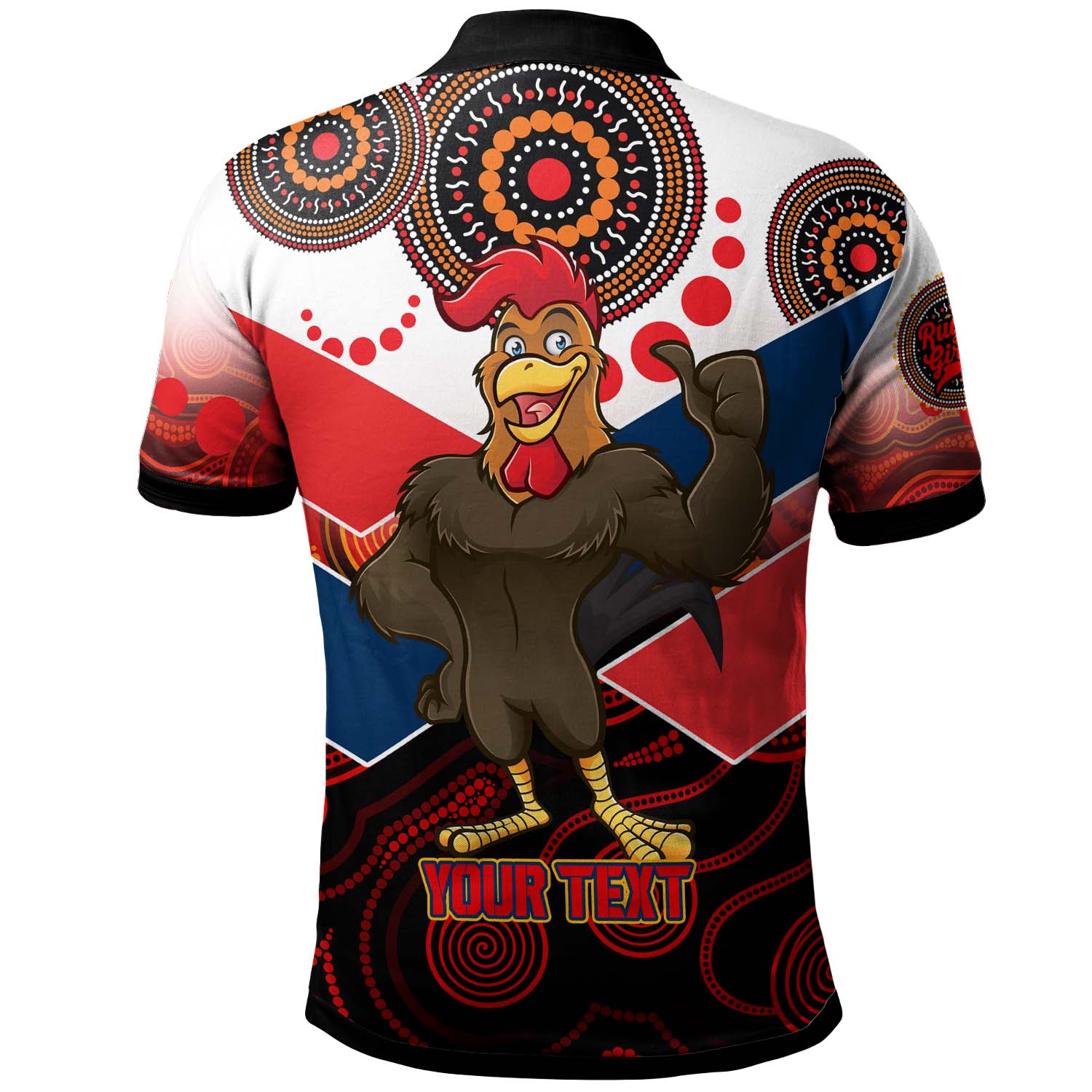 nrlw-roosters-rugby-polo-shirt-custom-womens-rugby-league-with-aboriginal-dot-painting-style-player-and-number-polo-shirt