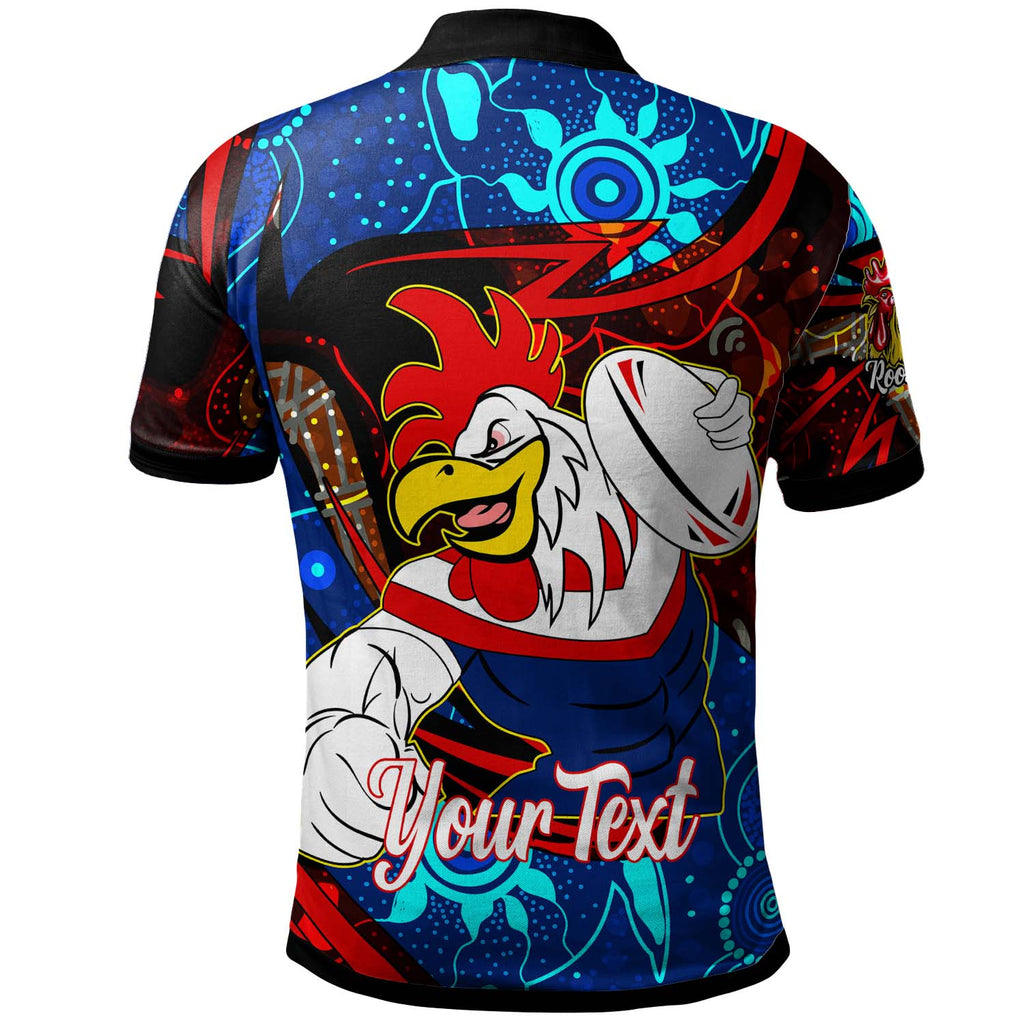 roosters-rugby-polo-shirt-custom-roosters-mascot-with-rugby-aboriginal-dot-painting-player-and-number-polo-shirt