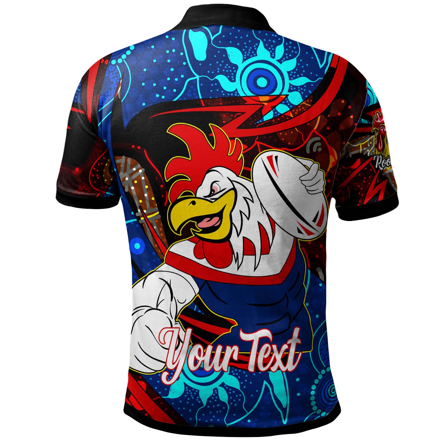 roosters-rugby-polo-shirt-custom-roosters-mascot-with-rugby-aboriginal-dot-painting-player-and-number-polo-shirt