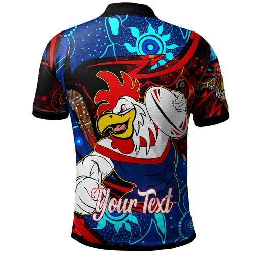 roosters-rugby-polo-shirt-custom-roosters-mascot-with-rugby-aboriginal-dot-painting-player-and-number-polo-shirt
