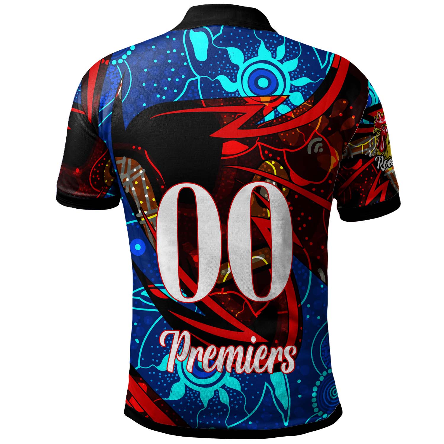 roosters-rugby-polo-shirt-custom-roosters-mascot-with-rugby-aboriginal-dot-painting-player-and-number-polo-shirt
