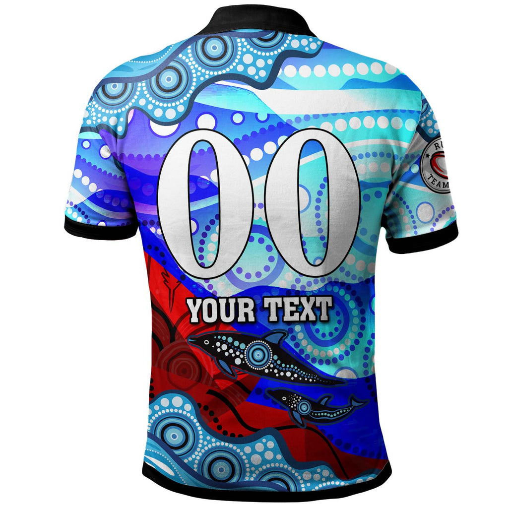 nrlw-knights-rugby-polo-shirt-custom-woman-knights-with-aboriginal-dot-painting-style-player-and-number-woman-polo-shirt