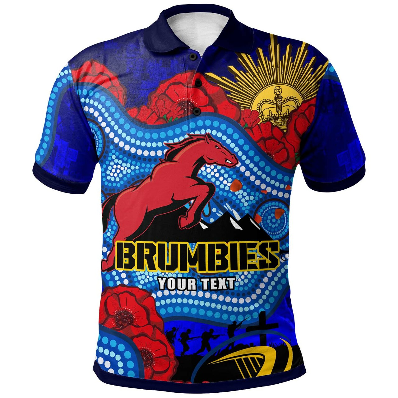 brumbies-rugby-polo-shirt-custom-anzac-day-brumbies-aboriginal-pattern-with-horse-and-poppy-flower