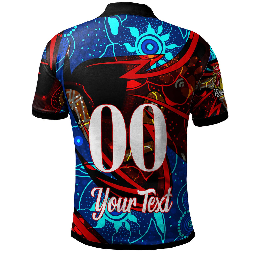 roosters-rugby-polo-shirt-custom-roosters-mascot-with-rugby-aboriginal-dot-painting-player-and-number-polo-shirt