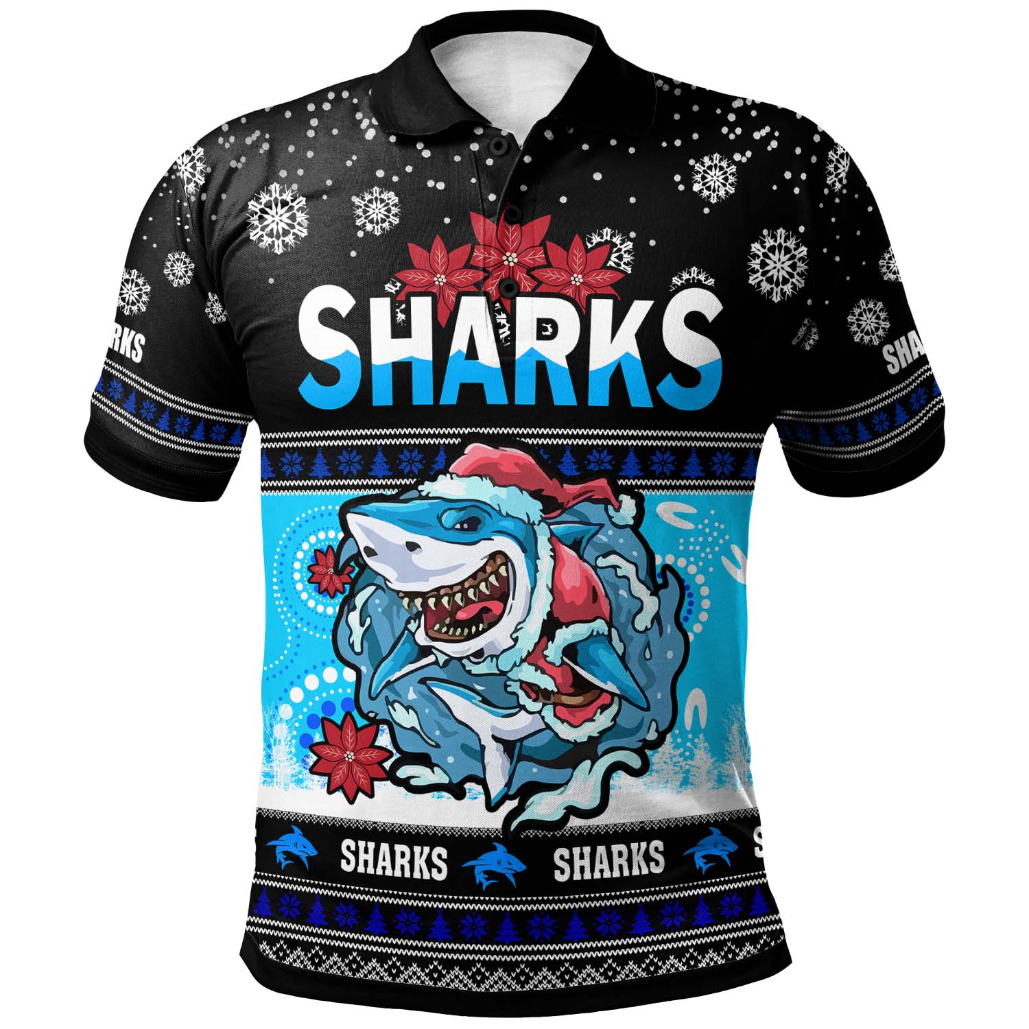 sharks-rugby-christmas-polo-shirt-custom-sharks-ugly-christmas-and-aboriginal-patterns-polo-shirt