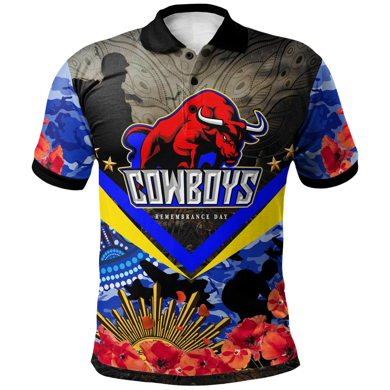 cowboys-rugby-polo-shirt-aboriginal-anzac-day-cowboys-with-poppy-flower-indigenous-polo-shirt