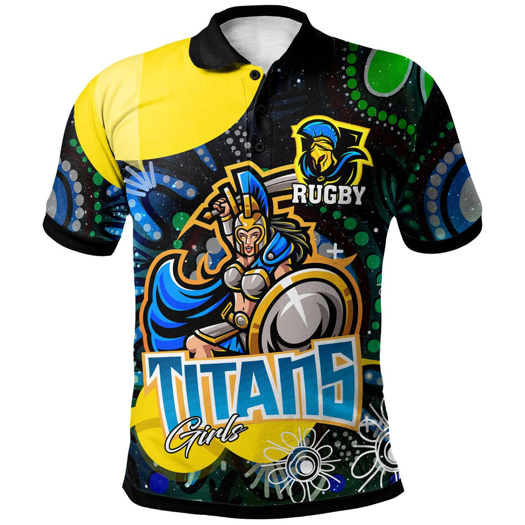 nrlw-titans-rugby-polo-shirt-custom-titans-rugby-aboriginal-dot-painting-player-and-number-woman-polo-shirt