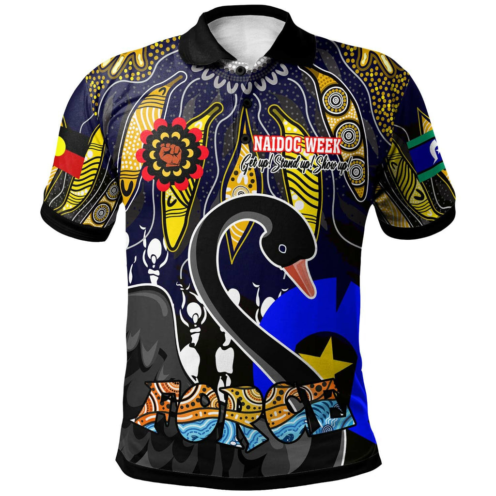 force-rugby-polo-shirt-celebrate-naidoc-week-get-up-stand-up-show-up-black-swan-with-aboriginal-patterns-polo-shirt