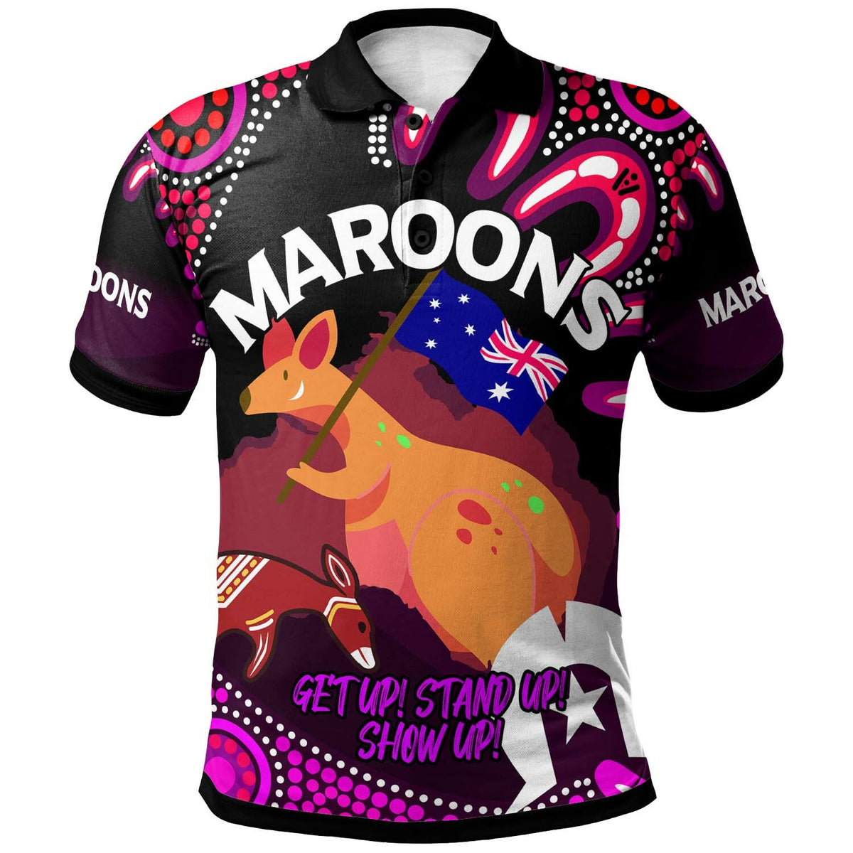 maroons-rugby-polo-shirt-custom-naidoc-week-get-up-stand-up-show-up-maroons-kangaroo-with-aboriginal-patterns-polo-shirt