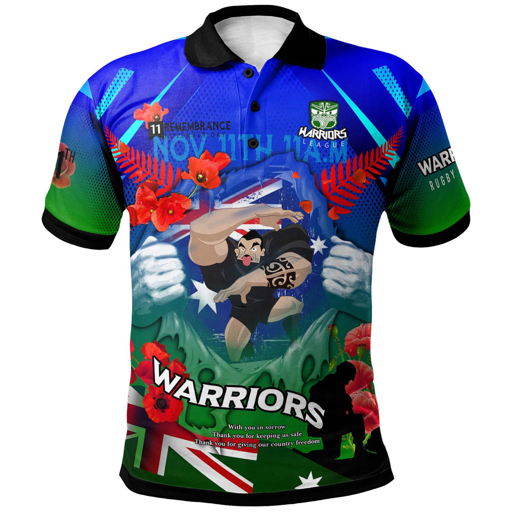 warriors-rugby-polo-shirt-custom-warriors-remembrance-day-lest-we-forget-poppies-polo-shirt