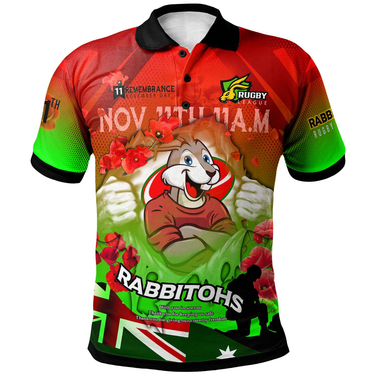 rabbitohs-rugby-polo-shirt-custom-rabbitohs-remembrance-day-lest-we-forget-poppies-polo-shirt
