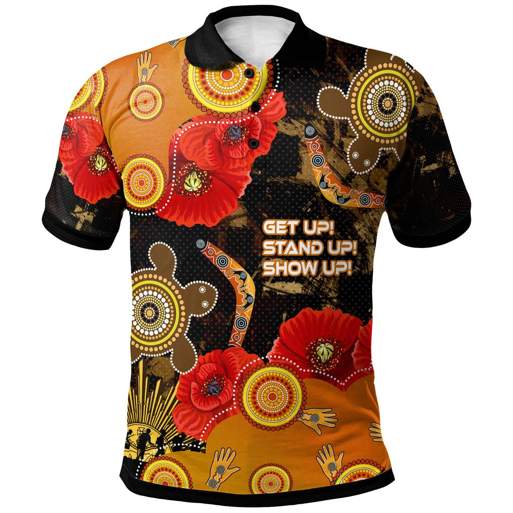 australia-anzac-day-and-naidoc-week-2023-polo-shirt-poppy-flower-with-aboriginal-inspired-style-and-turtle-indigenous-polo-shirt