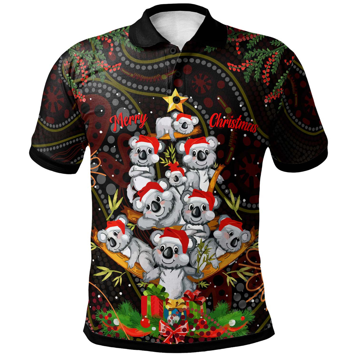 aboriginal-christmas-polo-shirt-custom-aussie-koala-christmas-tree-with-aboriginal-inspired-polo-shirt