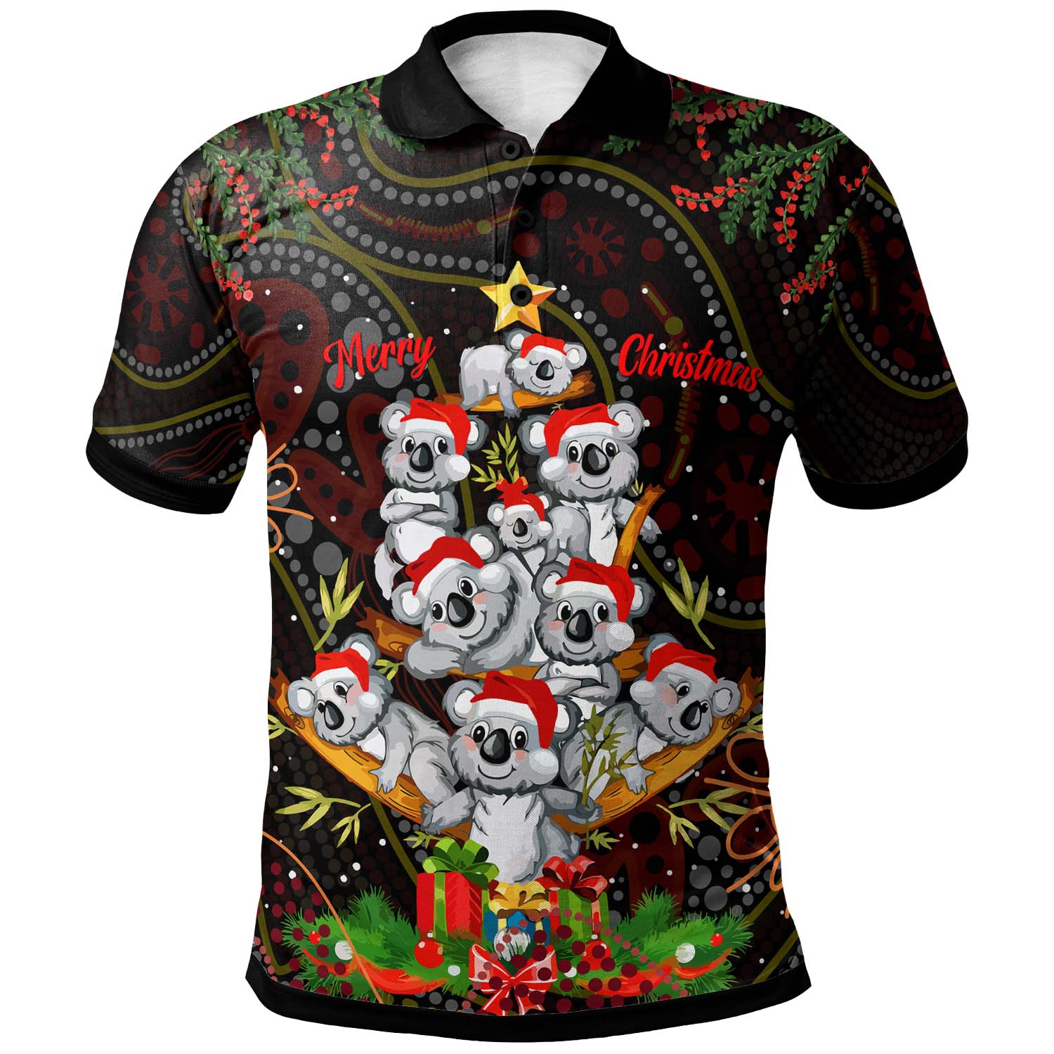 aboriginal-christmas-polo-shirt-custom-aussie-koala-christmas-tree-with-aboriginal-inspired-polo-shirt