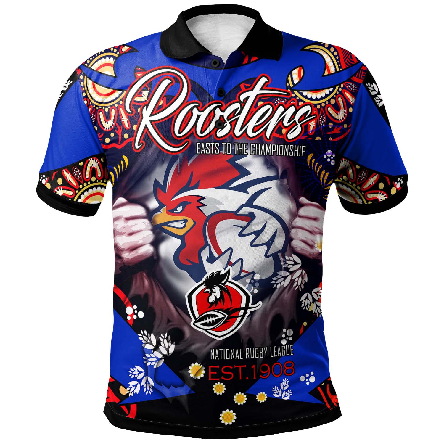 roosters-rugby-polo-shirt-custom-personalised-roosters-easts-to-the-championship-aboriginal-player-and-number-polo-shirt