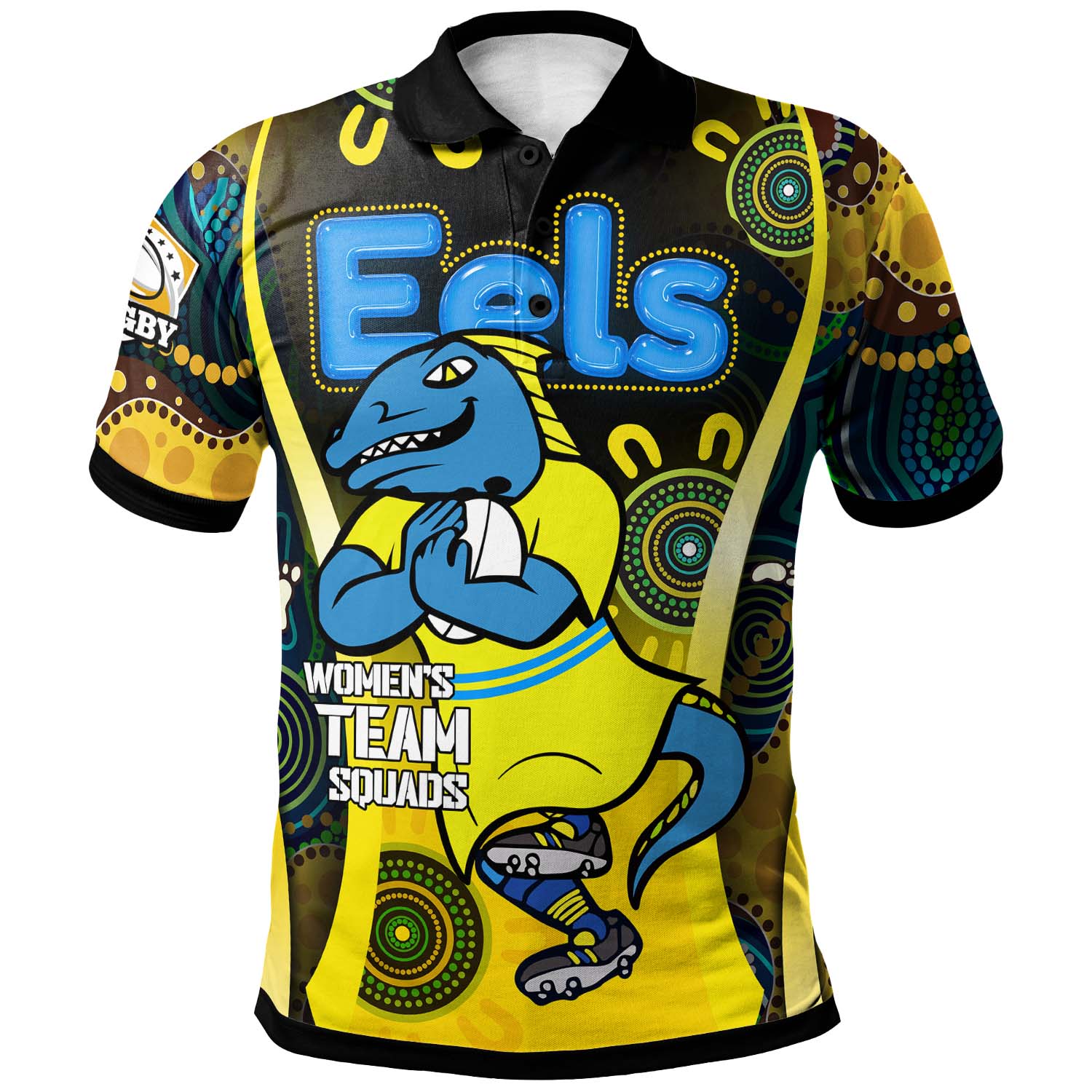 nrlw-eels-rugby-polo-shirt-custom-eels-womens-rugby-league-with-aboriginal-dot-painting-player-and-number-polo-shirt