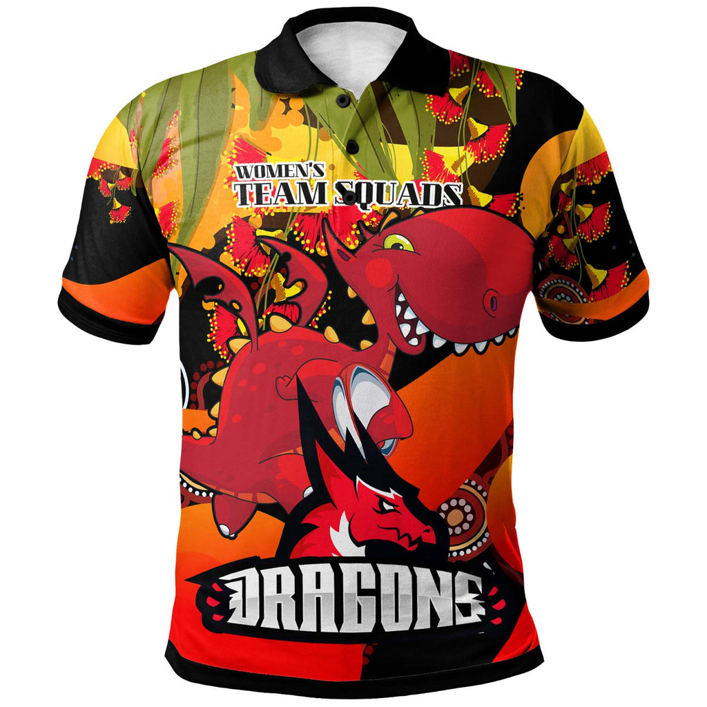 nrlw-stgeorge-rugby-polo-shirt-custom-cute-dragons-with-aboriginal-dot-painting-style-player-and-number-woman-polo-shirt