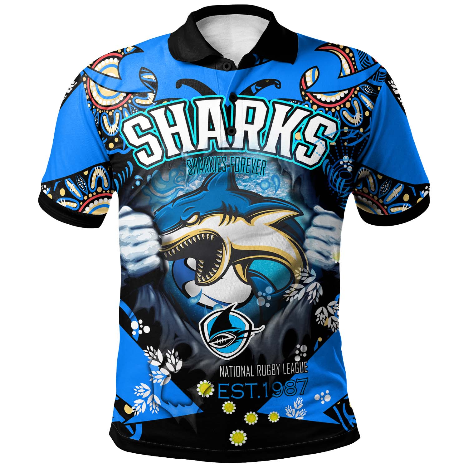 sharks-rugby-polo-shirt-custom-personalised-sharkies-forever-with-aboriginal-culture-league-rugby-team-polo-shirt