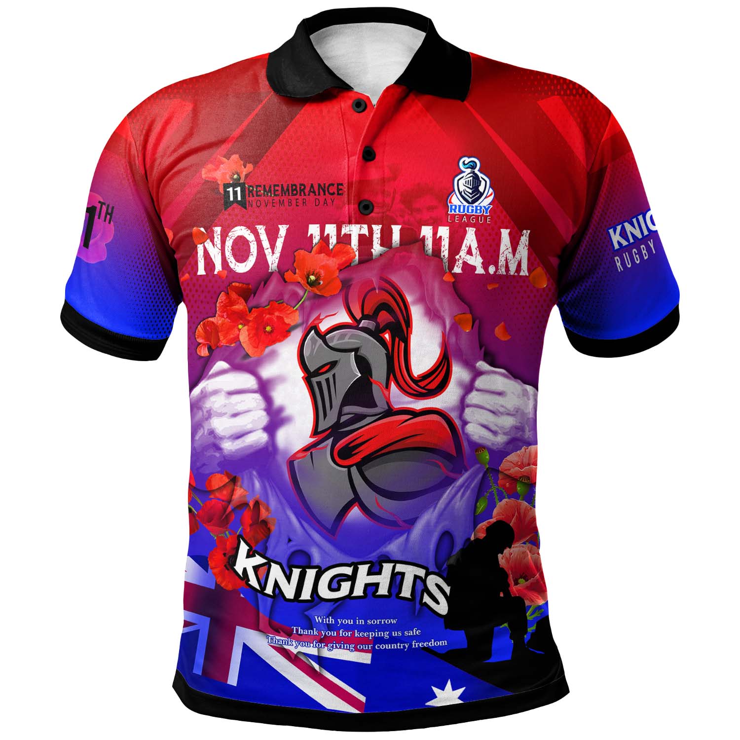 knights-rugby-polo-shirt-custom-knights-remembrance-day-lest-we-forget-poppies-polo-shirt
