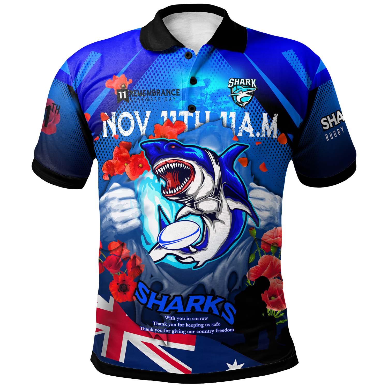 sharks-rugby-polo-shirt-custom-sharks-remembrance-day-lest-we-forget-poppies-polo-shirt