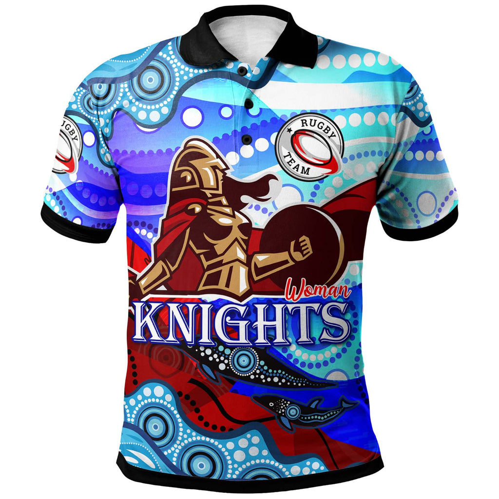 nrlw-knights-rugby-polo-shirt-custom-woman-knights-with-aboriginal-dot-painting-style-player-and-number-woman-polo-shirt
