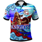 nrlw-knights-rugby-polo-shirt-custom-woman-knights-with-aboriginal-dot-painting-style-player-and-number-woman-polo-shirt