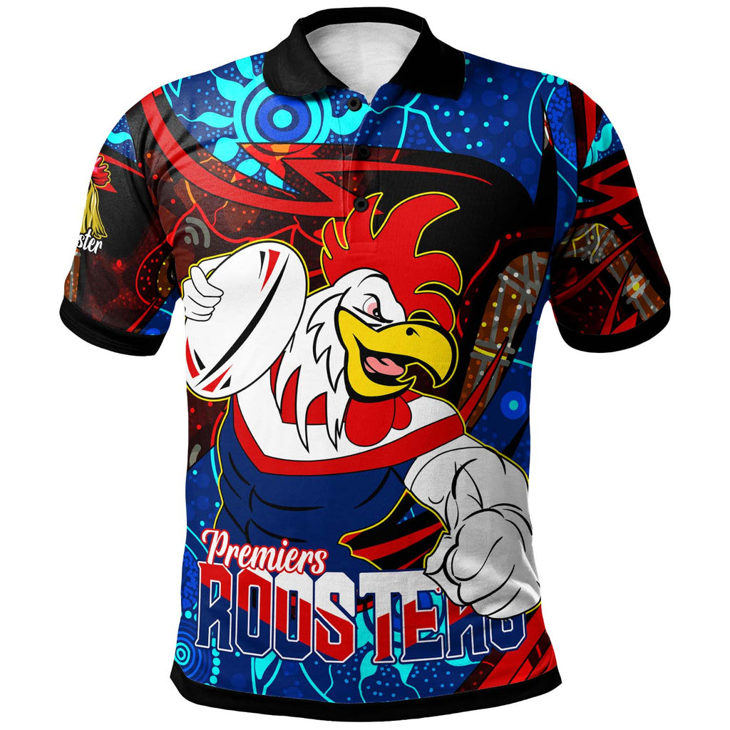roosters-rugby-polo-shirt-custom-roosters-mascot-with-rugby-aboriginal-dot-painting-player-and-number-polo-shirt
