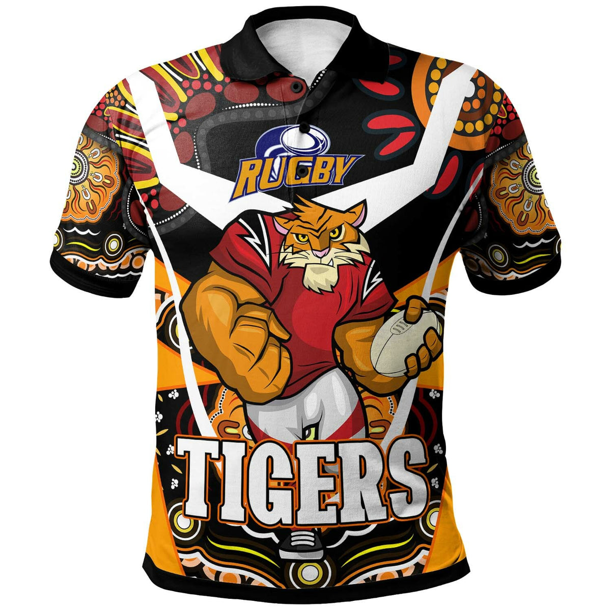 tigers-rugby-polo-shirt-custom-tigers-rugby-ball-with-aboriginal-dot-painting-art-player-and-number-polo-shirt
