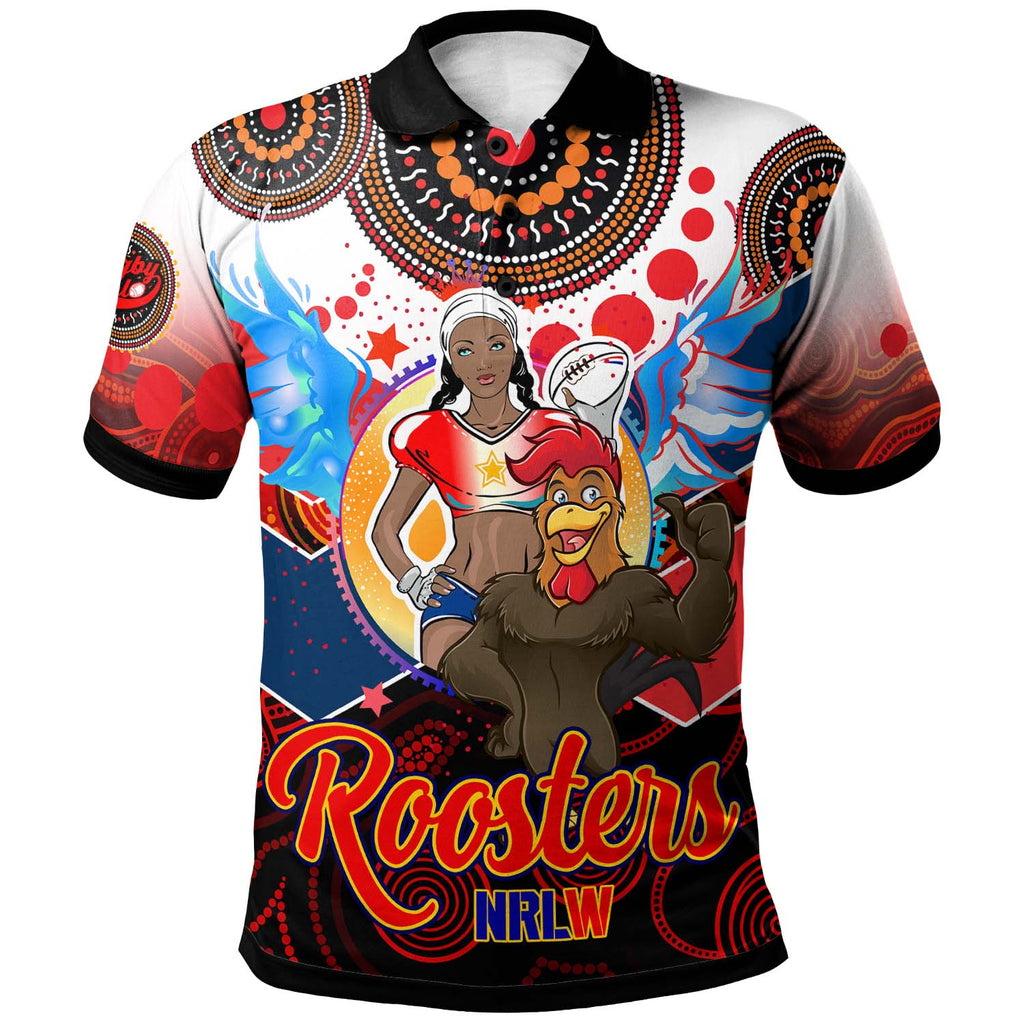 nrlw-roosters-rugby-polo-shirt-custom-womens-rugby-league-with-aboriginal-dot-painting-style-player-and-number-polo-shirt
