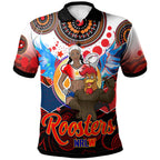 nrlw-roosters-rugby-polo-shirt-custom-womens-rugby-league-with-aboriginal-dot-painting-style-player-and-number-polo-shirt