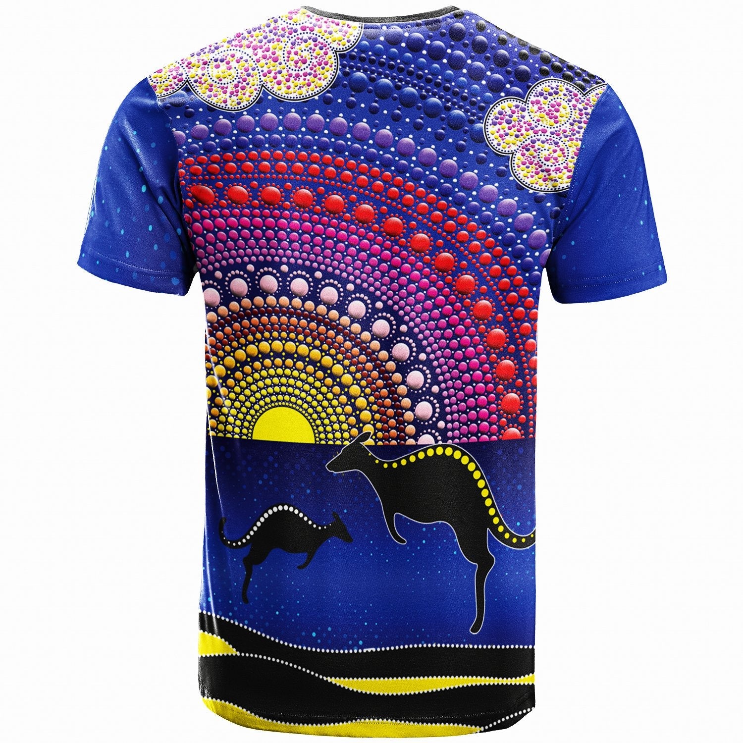 aboriginal-t-shirt-sunset-over-the-sea-and-kangaroo-dot-painting