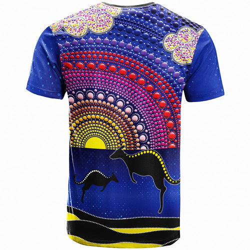aboriginal-t-shirt-sunset-over-the-sea-and-kangaroo-dot-painting