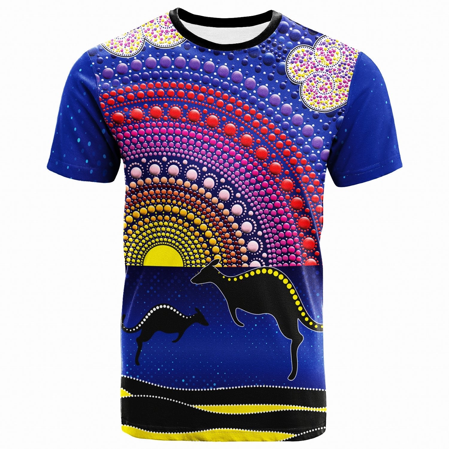 aboriginal-t-shirt-sunset-over-the-sea-and-kangaroo-dot-painting