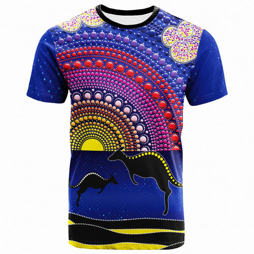 aboriginal-t-shirt-sunset-over-the-sea-and-kangaroo-dot-painting