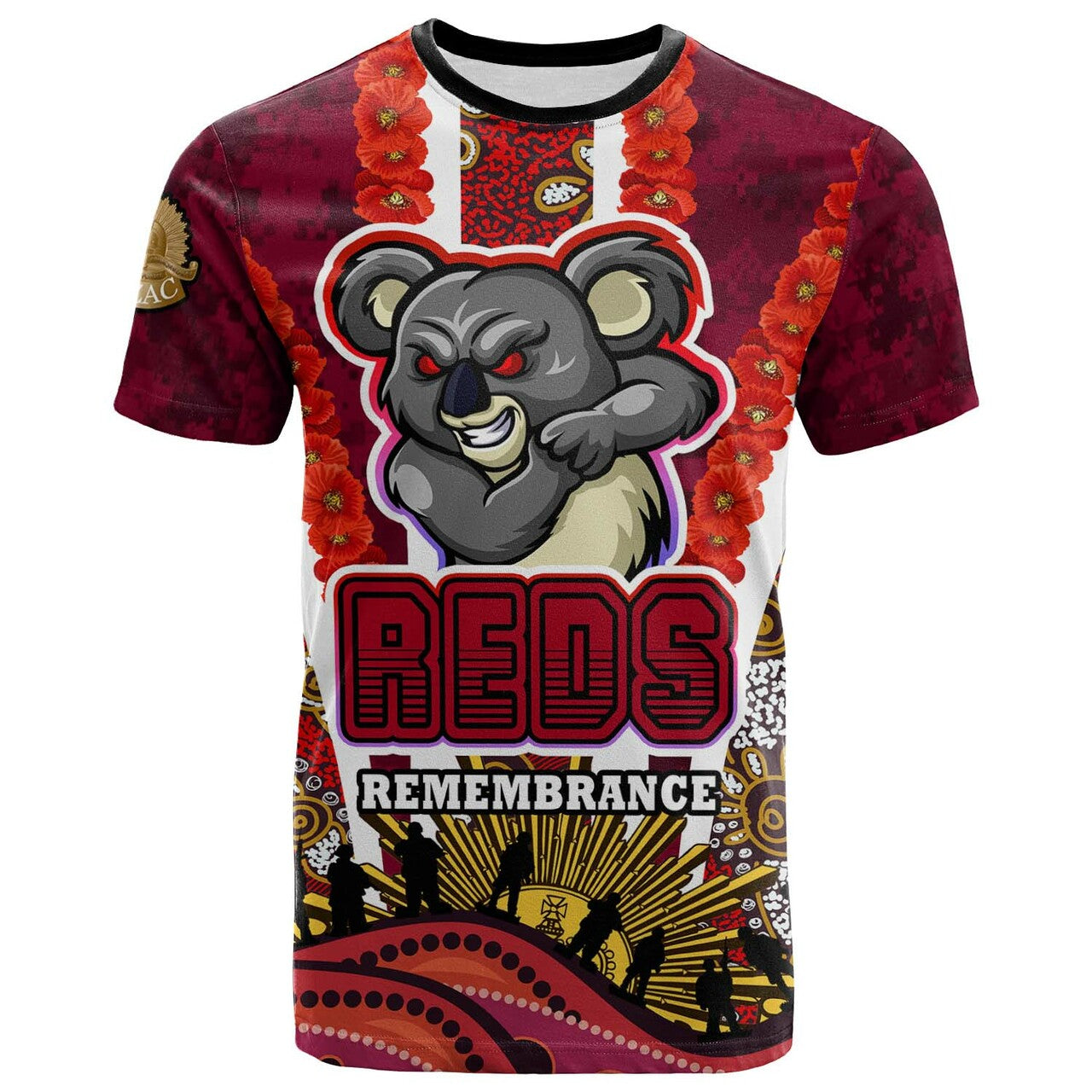 reds-rugby-t-shirt-custom-anzac-day-queensland-reds-aboriginal-poppy-with-koala-t-shirt