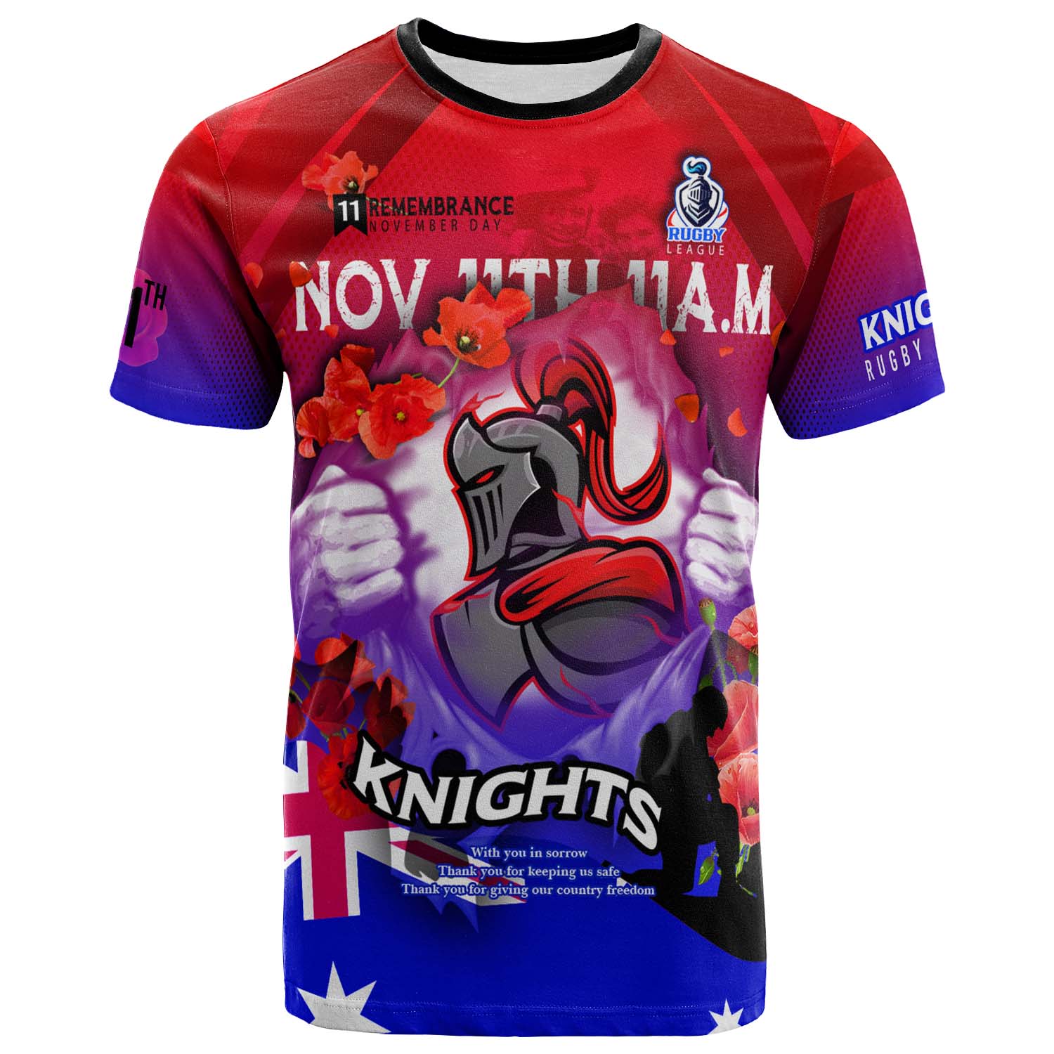 knights-rugby-t-shirt-custom-knights-remembrance-day-lest-we-forget-poppies-t-shirt