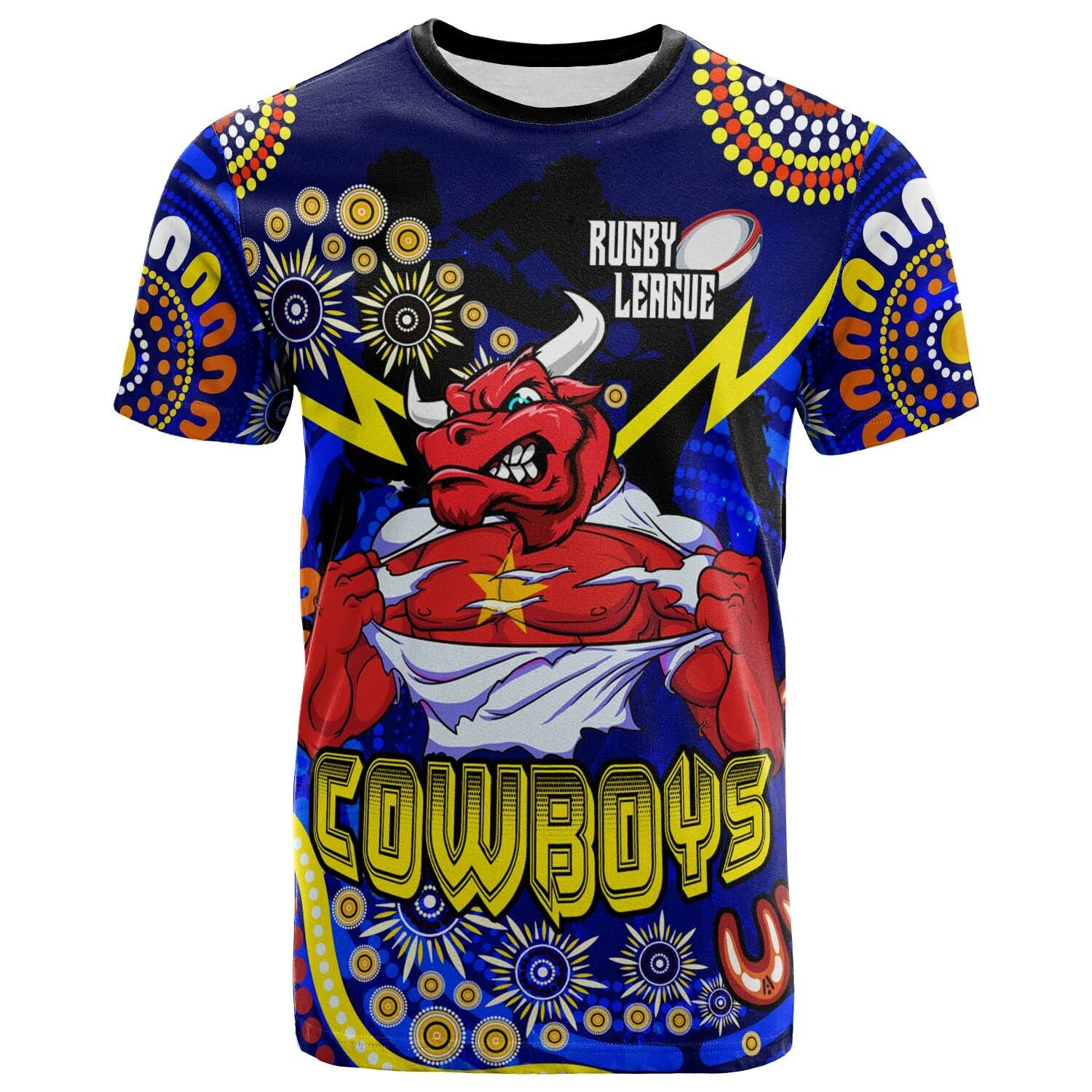 cowboys-rugby-t-shirt-custom-cowboys-bulls-with-aboriginal-dot-painting-player-and-number-t-shirt